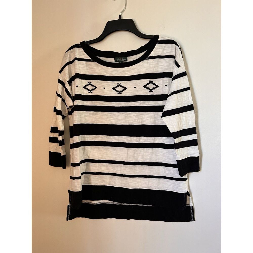 Lauren Ralph Lauren Womens‎ Large Black White Stripe 3/4 Sleeve Aztec Print